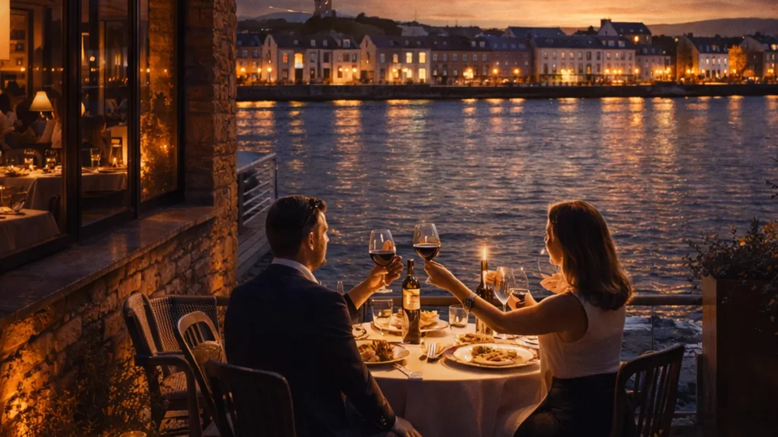Premium editorial poster for Top-Rated Restaurants in Galway (2026) showing an elegant Galway waterfront dining scene at dusk