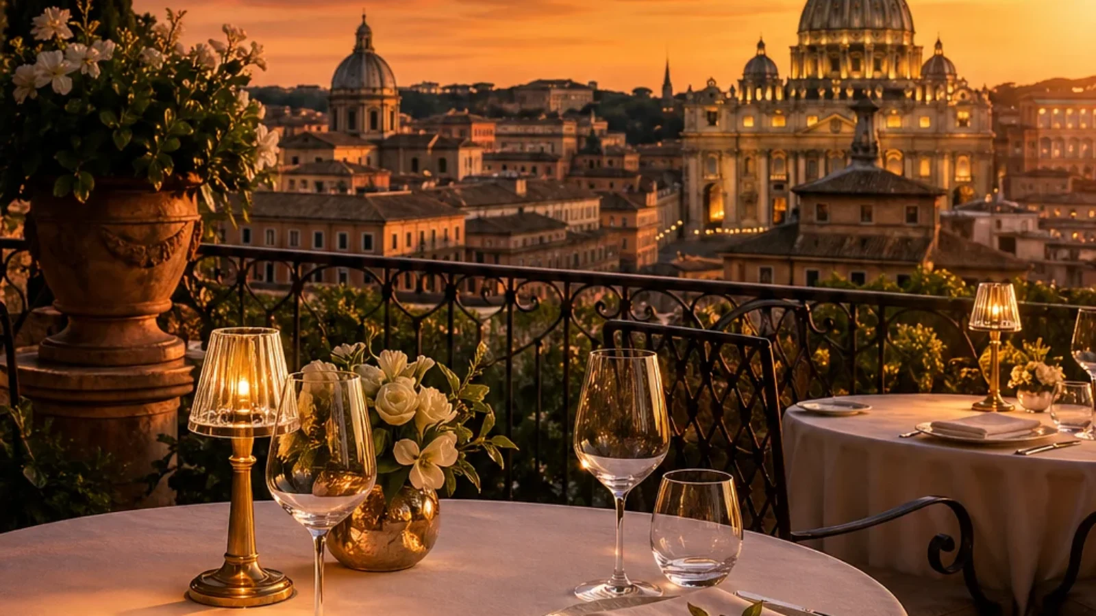 Premium editorial poster for Highest Rated Restaurants in Rome 2026 showing an elegant terrace dining scene with Rome skyline at sunset