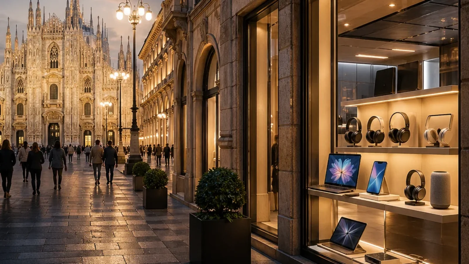 Premium editorial poster cover for Top Rated Online Stores for Electronics in Italy 2026, showing a Milan shopping street with electronics displays.