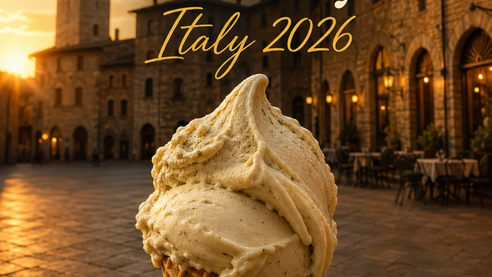 Top Rated Gelato in Italy 2026 guide cover showing artisan gelato in a golden-hour Tuscan piazza.