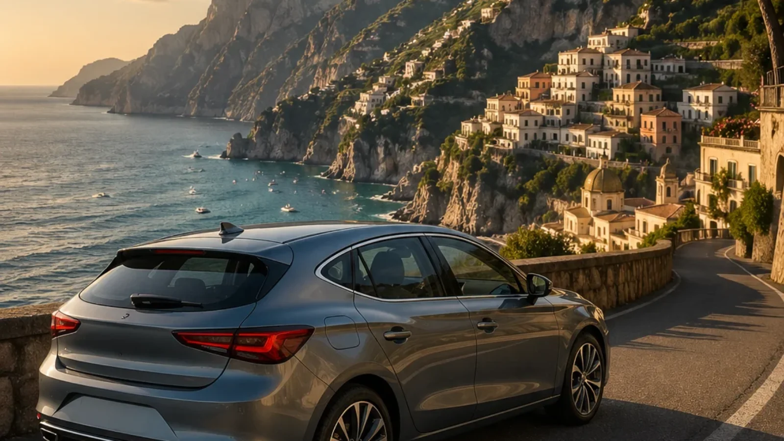 Premium editorial travel poster for Top Rated Car Rental Companies in Italy 2026 showing an unbranded rental car on an Amalfi Coast road overlook.