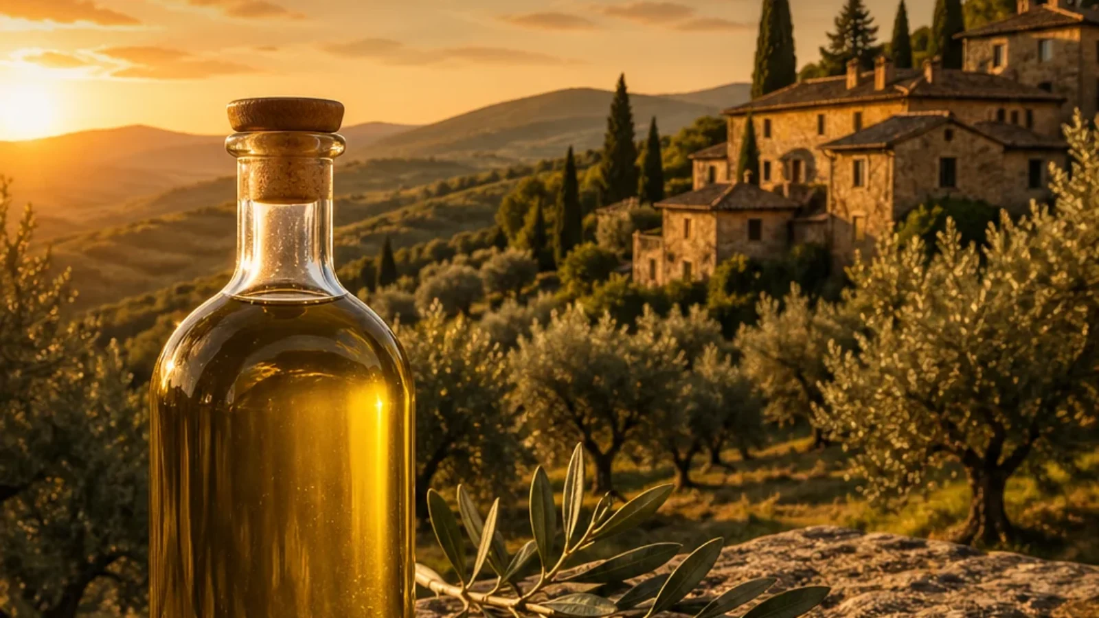 Top Rated Olive Oil Brands in Italy 2026 editorial cover with Tuscan olive grove, olive oil bottle, and golden-hour Italian landscape
