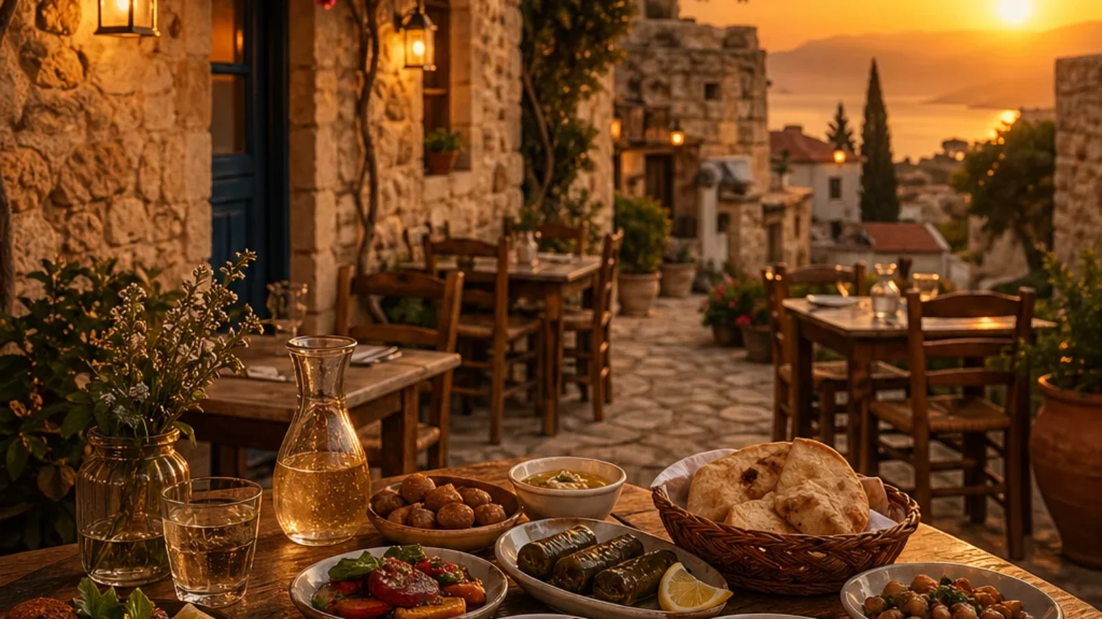 Premium editorial poster for the best tavernas in Cyprus, showing a traditional Cypriot taverna terrace with meze at sunset.