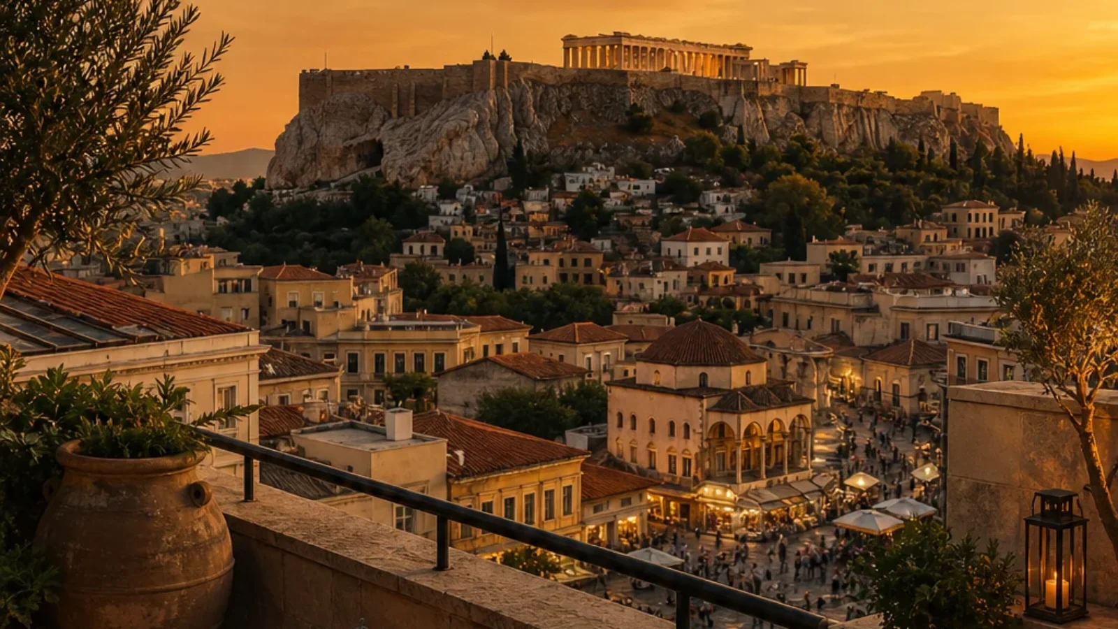 Premium editorial poster for Best Boutique Hotels in the Monastiraki Area, Athens, showing a boutique hotel rooftop terrace with Acropolis and Parthenon views at golden hour