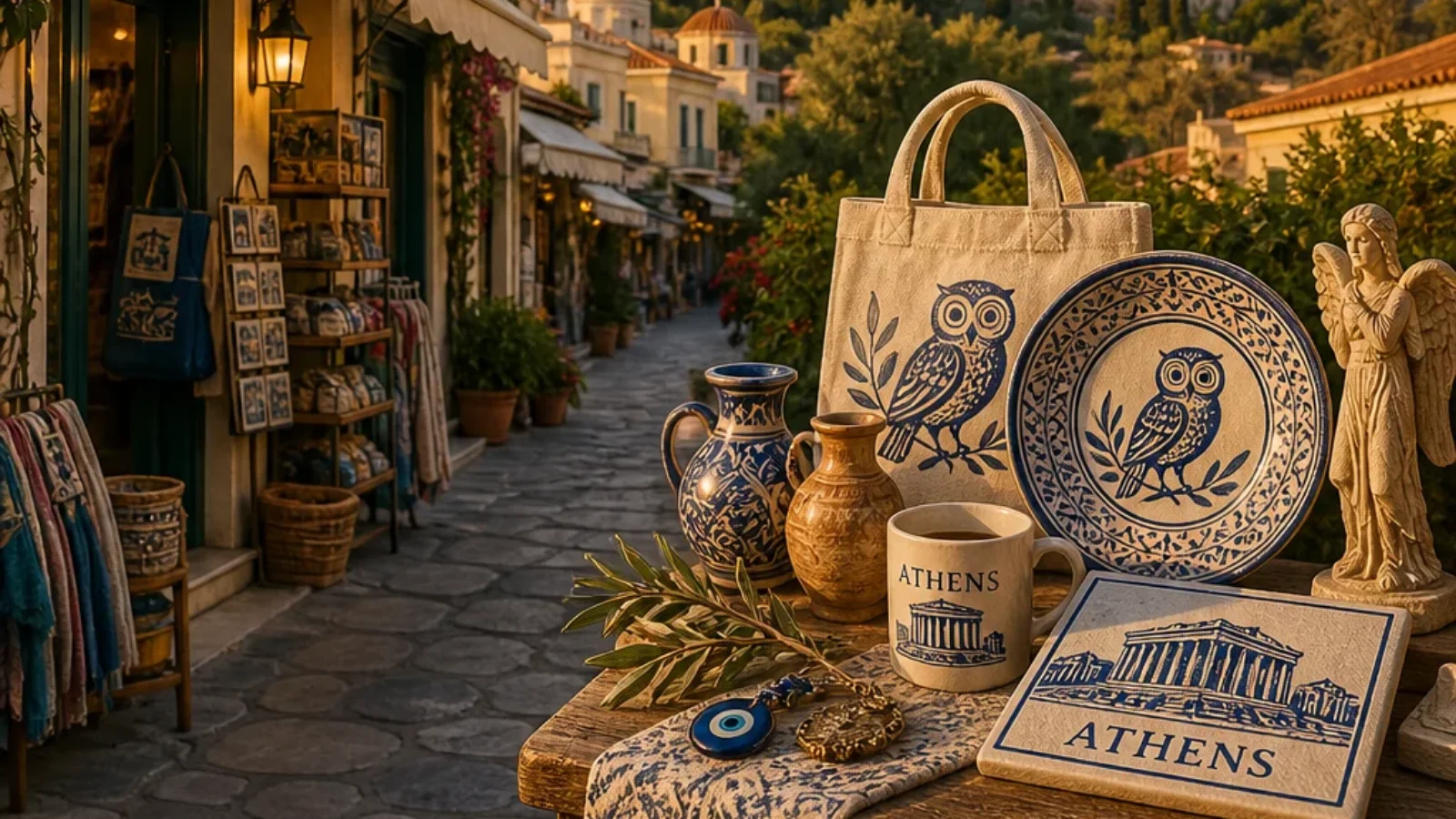 Premium editorial poster for Best Athens Souvenir Shops with Online Ordering Options, showing Plaka souvenir shops, Greek gifts, and the Acropolis in Athens.
