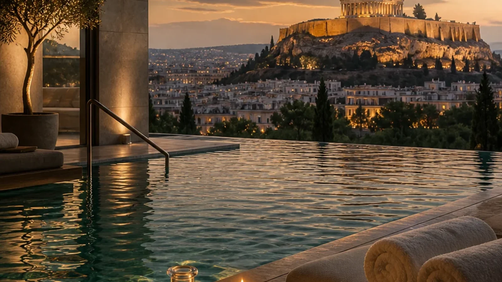 Premium editorial poster for the best spa and wellness centres in Athens with online booking, showing a spa pool and the Acropolis at golden hour