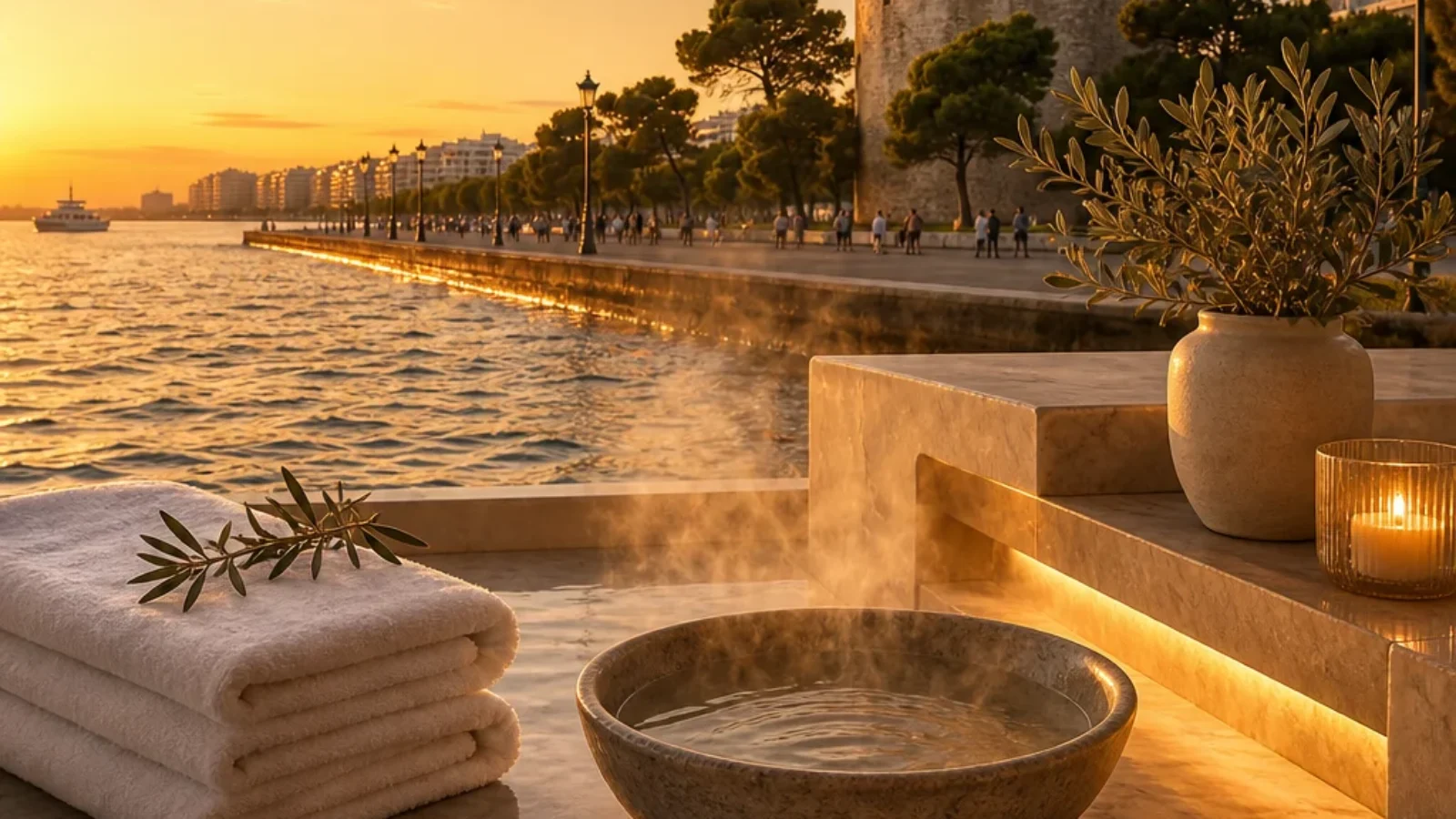Premium editorial travel-poster cover for the best spa and wellness centers in Thessaloniki, showing the White Tower waterfront with luxury spa elements at golden hour.