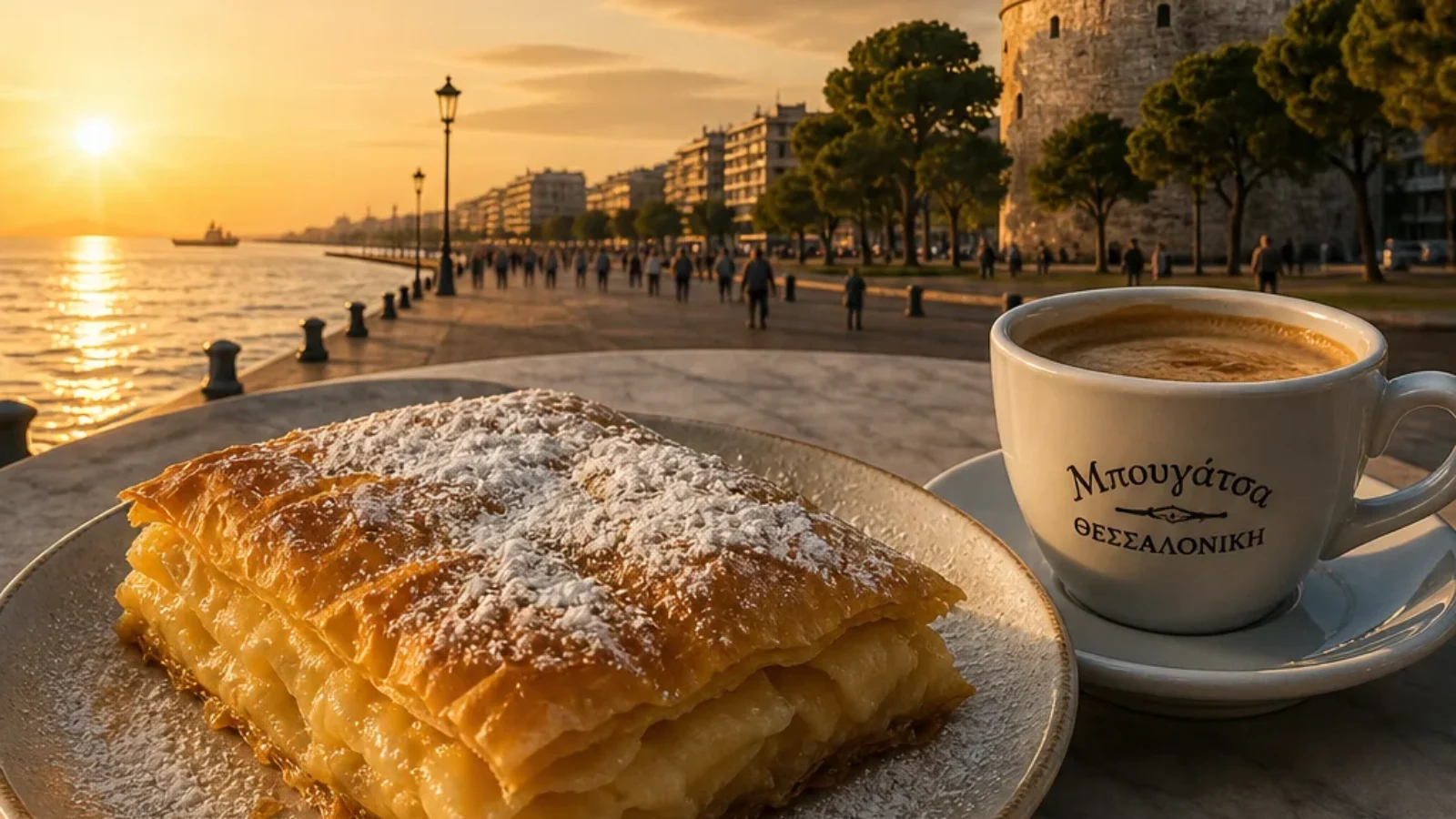 TopRatedPlaces.ai editorial poster for bougatsa in Thessaloniki with the White Tower waterfront, bougatsa, and Greek coffee
