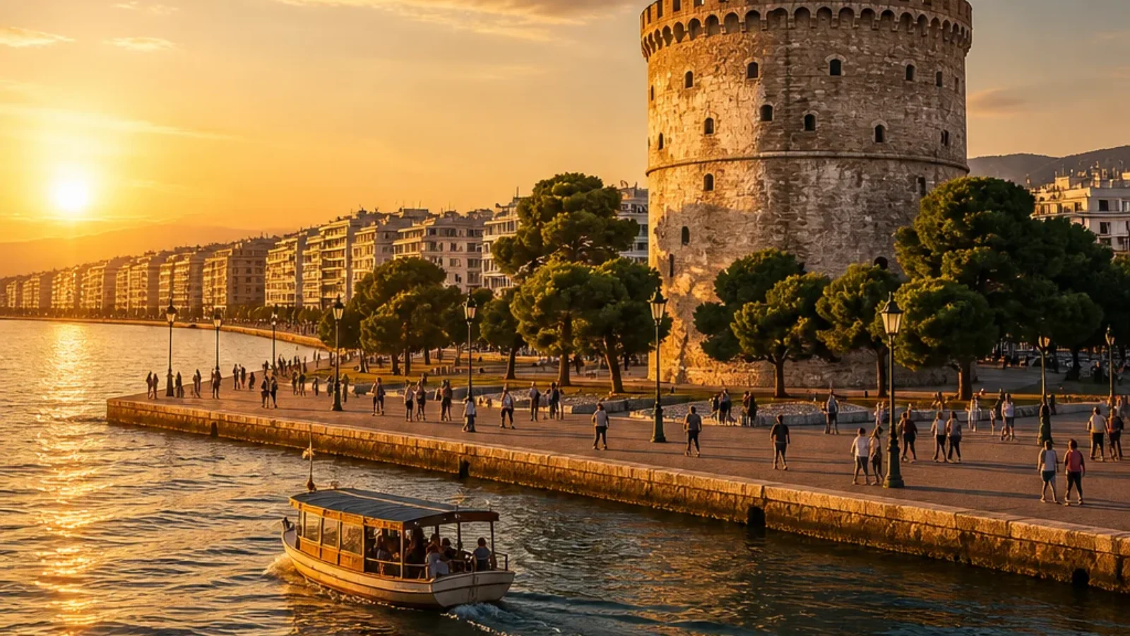 Premium editorial poster for the best travel agencies for day trips from Thessaloniki, showing the White Tower waterfront at golden hour.