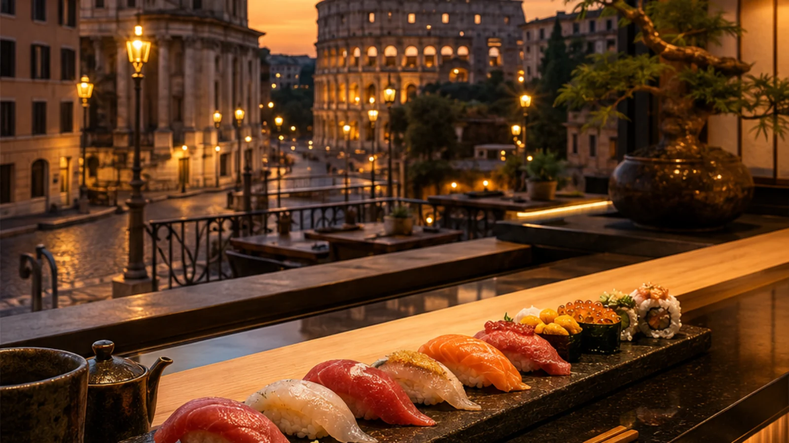 Premium editorial cover for TopRatedPlaces.ai Best Sushi Places in Rome 2026 showing refined sushi dining with Rome architecture at sunset.