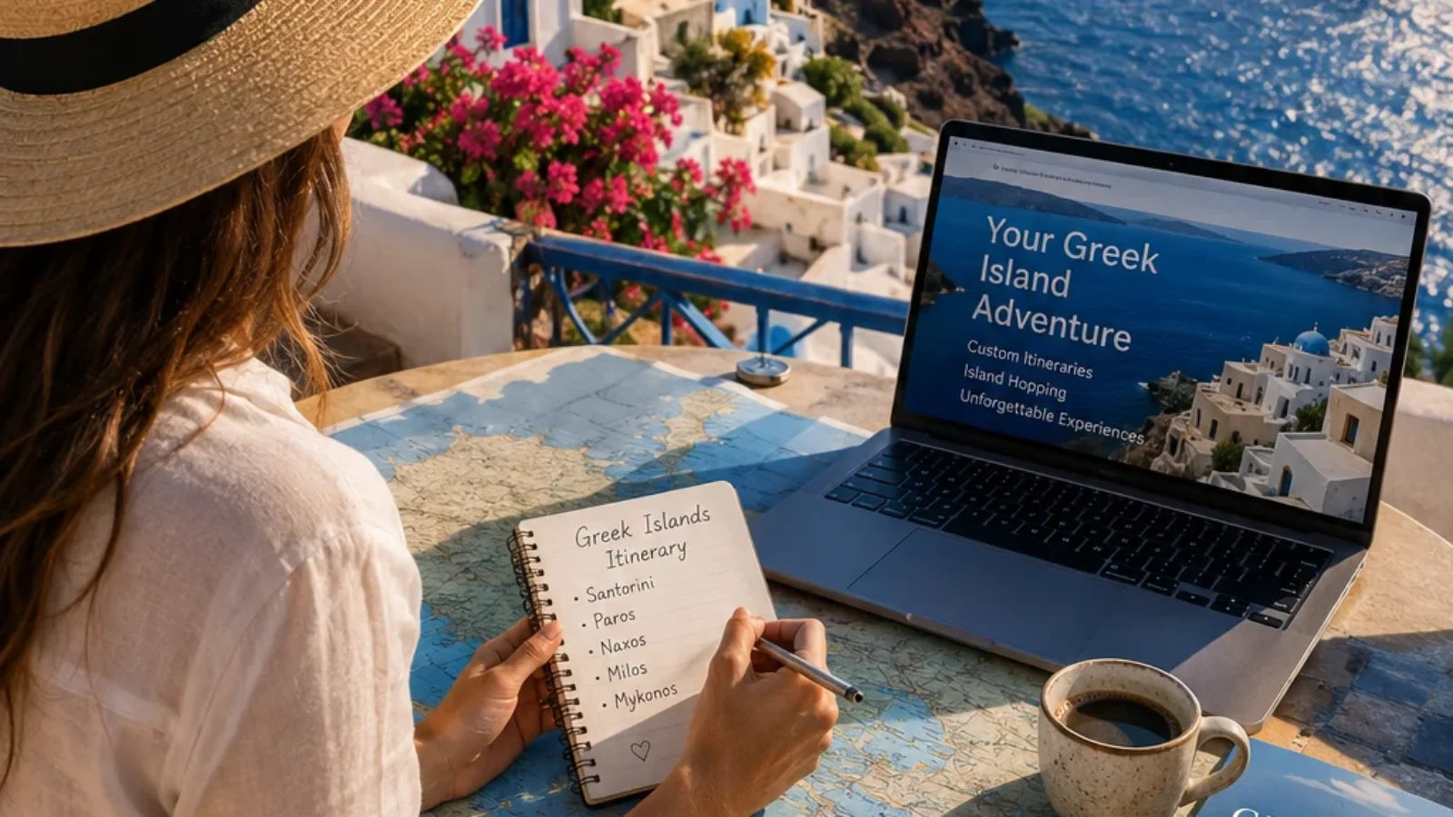 TopRatedPlaces.ai editorial cover for the best travel agencies for Greek Islands planning, showing a refined traveler planning an island-hopping itinerary above the Aegean Sea.