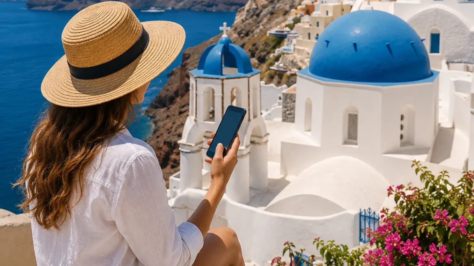 Editorial travel-poster cover for TopRatedPlaces.ai guide to the best local SIM cards for tourists in Greece, showing a traveler using a smartphone above whitewashed Greek island architecture and blue sea.