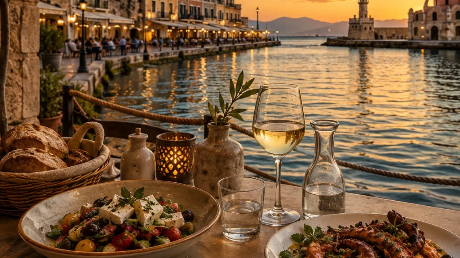 Editorial travel-poster cover for Best Restaurants in Chania showing Cretan dining by the Venetian Harbour at sunset.