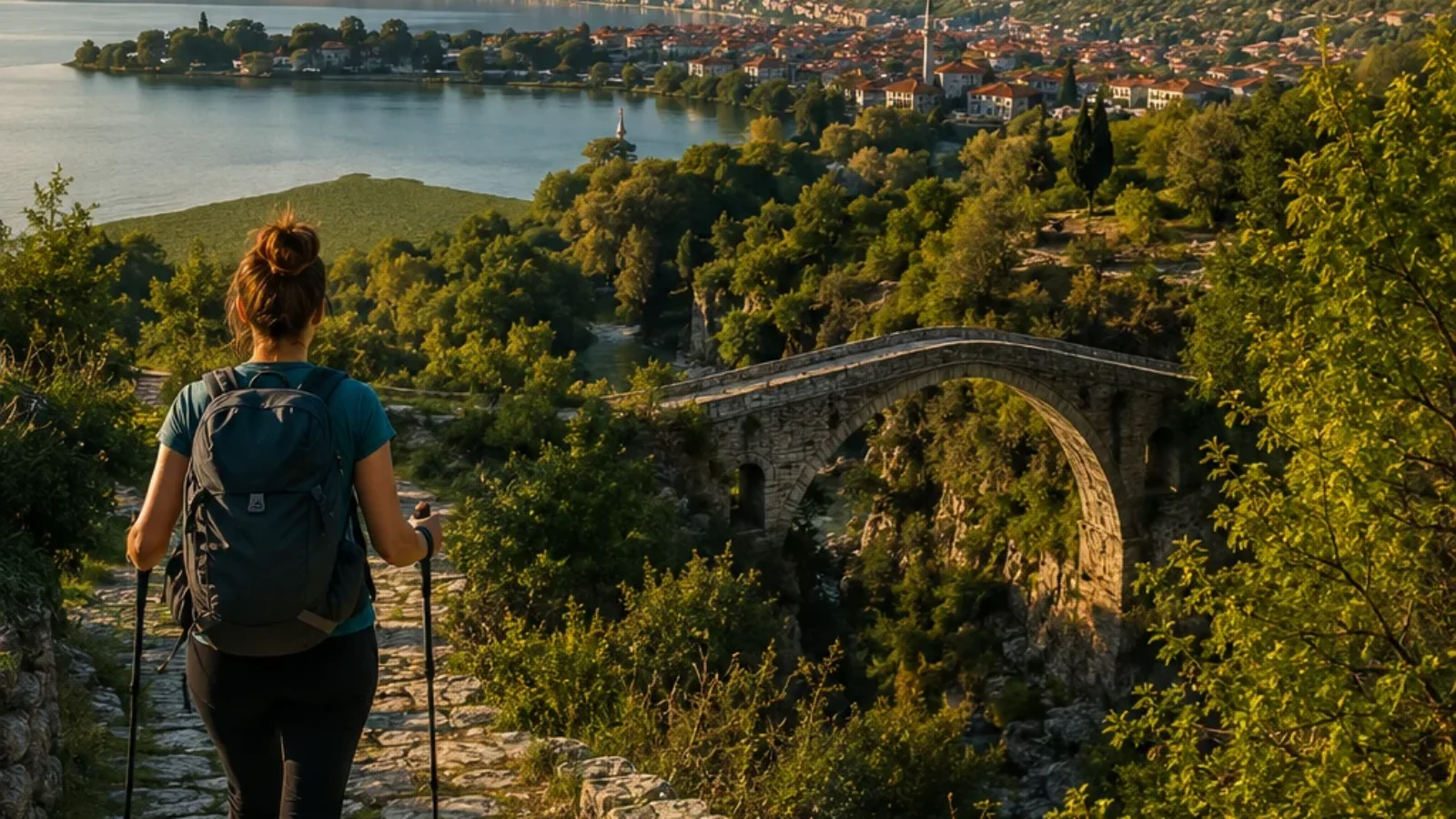 Premium editorial travel-poster cover for Best Hiking Trails near Ioannina, showing Epirus mountains, Lake Pamvotida cues, Zagori stone architecture, and a refined hiking atmosphere.