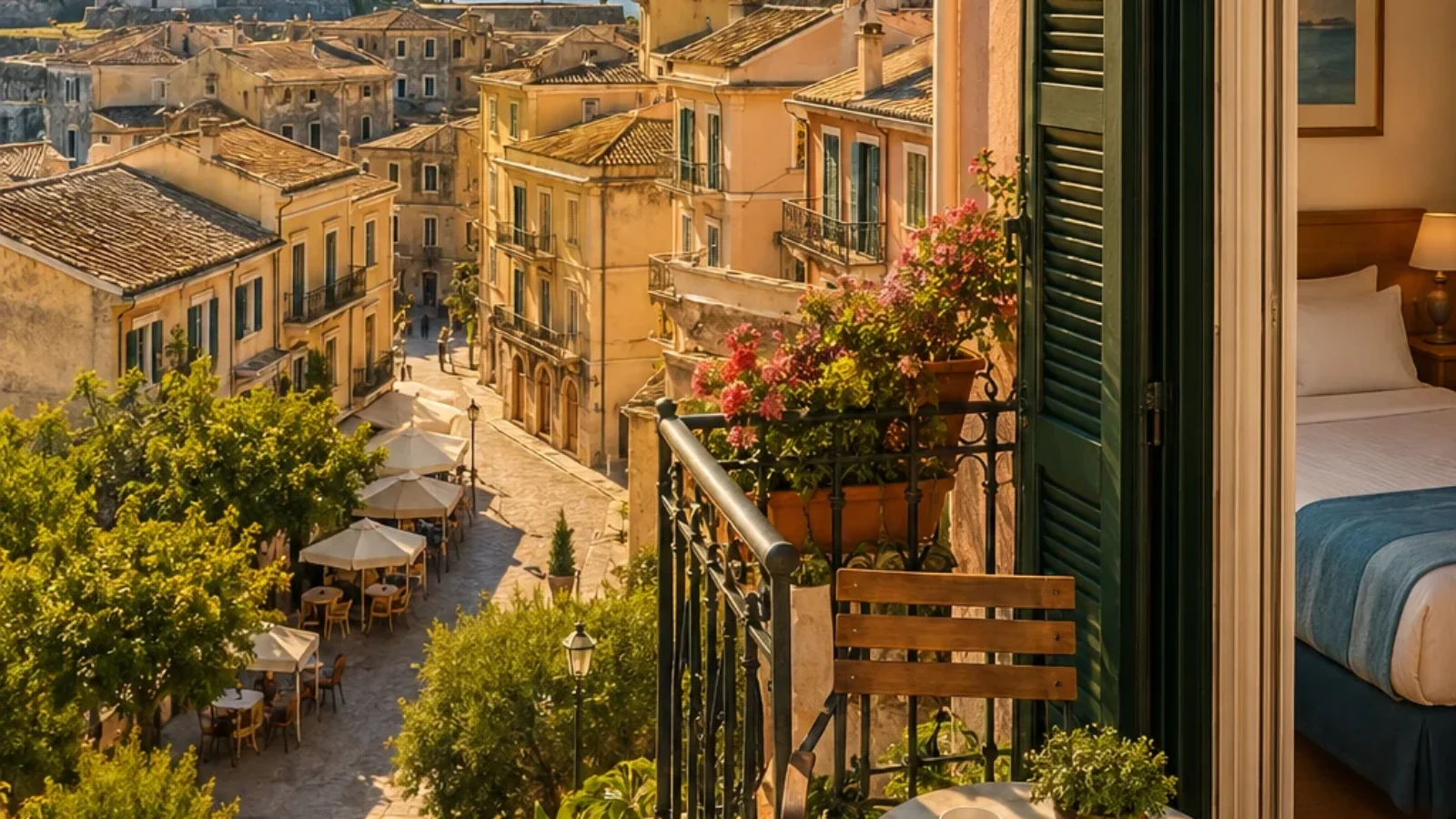 Editorial travel-poster cover for Best Budget Hotels in Corfu, showing a charming affordable island hotel atmosphere with Corfu old-town cues.