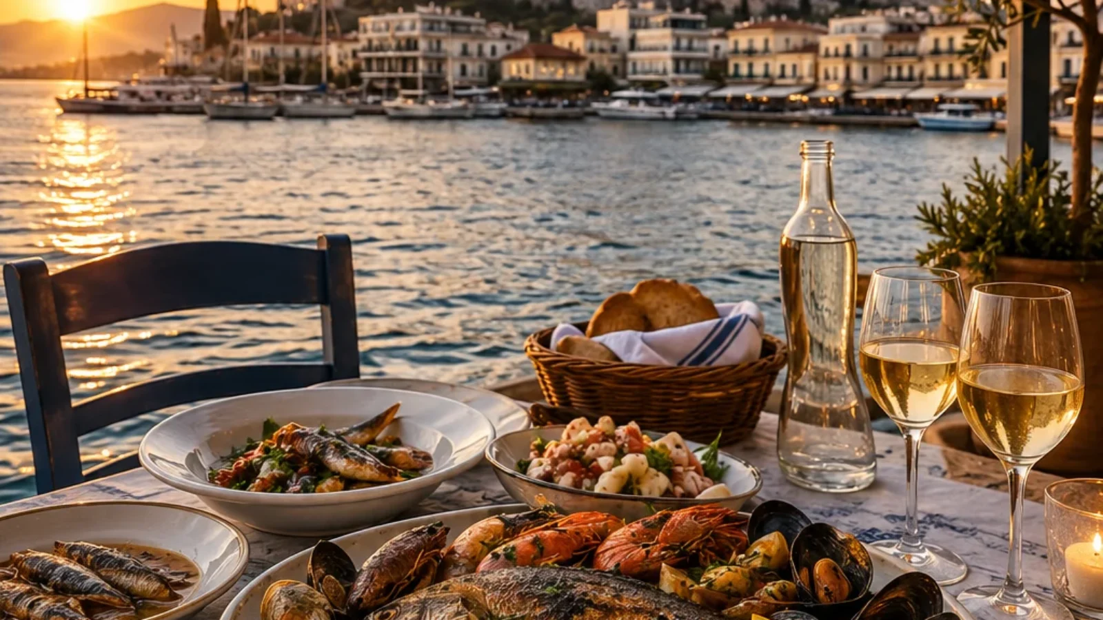 Premium editorial travel-poster cover for TopRatedPlaces.ai showing Athens seafood dining with harbor and Acropolis cues.