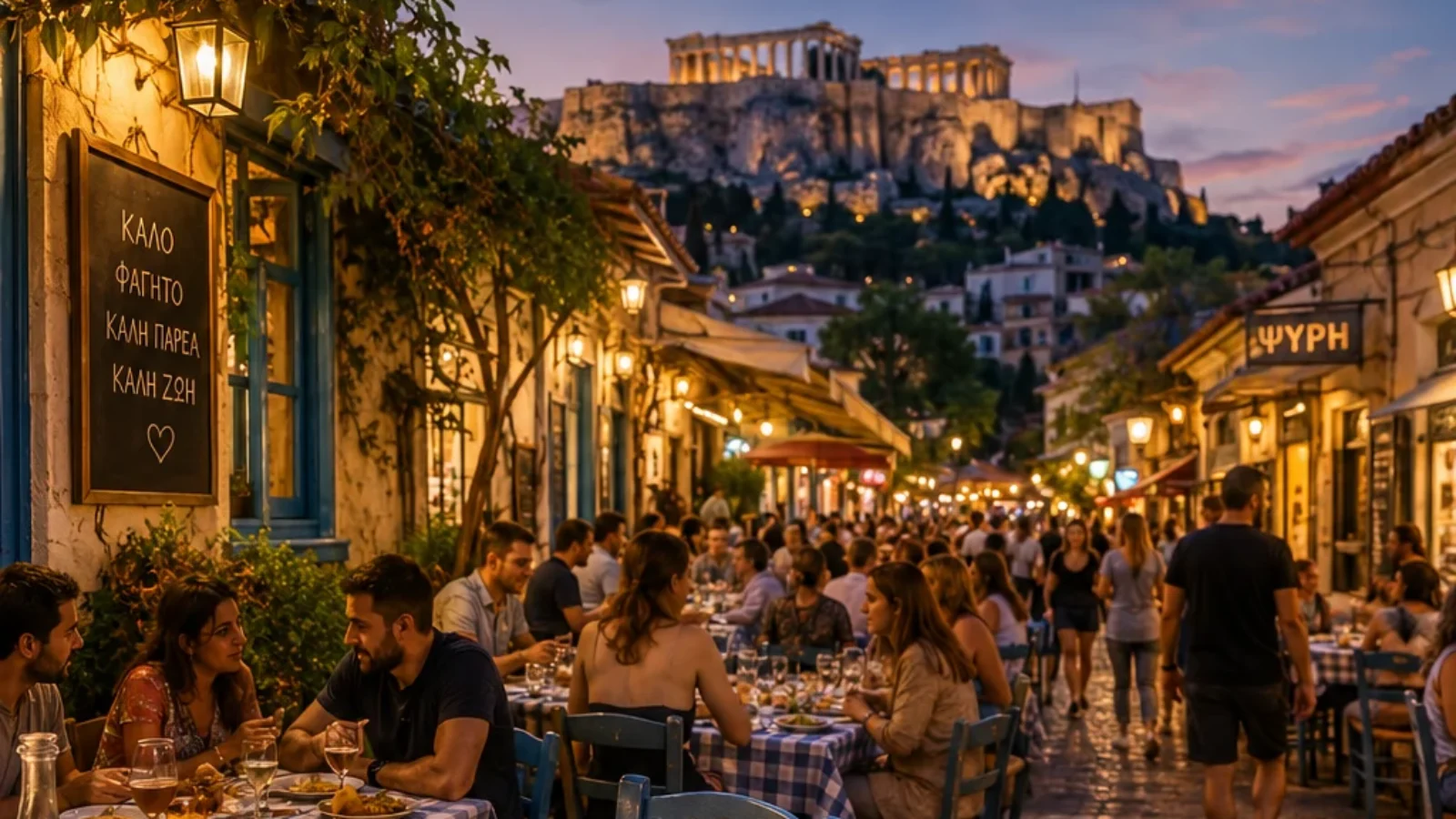 TopRatedPlaces.ai editorial travel-poster cover for budget-friendly restaurants in Athens, showing outdoor taverna tables, Greek dishes, neighborhood dining energy, and distant Acropolis cues.