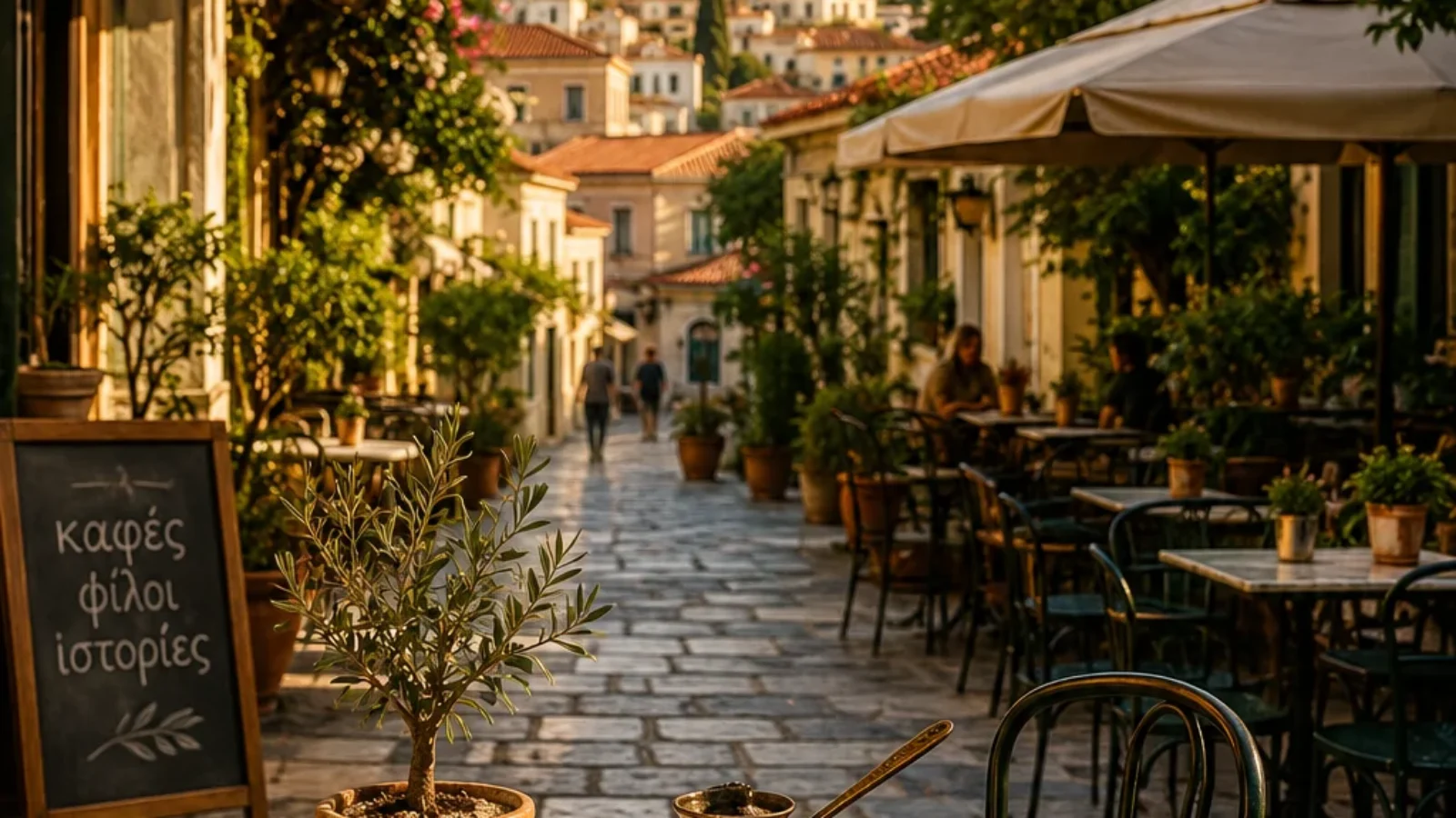 Premium editorial travel-poster cover for Top Outdoor Cafes in Plaka, showing a Plaka Athens old-town cafe scene with outdoor tables and Mediterranean light.