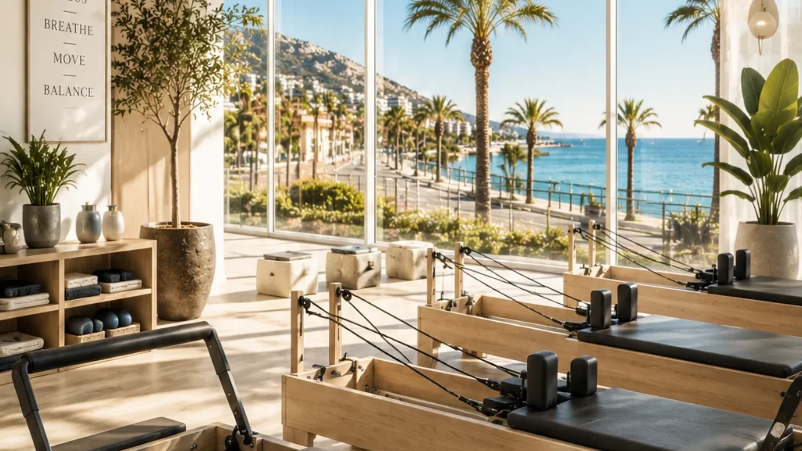 TopRatedPlaces.ai editorial cover for Top Pilates Studios in Glyfada, showing a bright Athens Riviera Pilates studio with reformer equipment, soft Mediterranean light and coastal Glyfada cues.