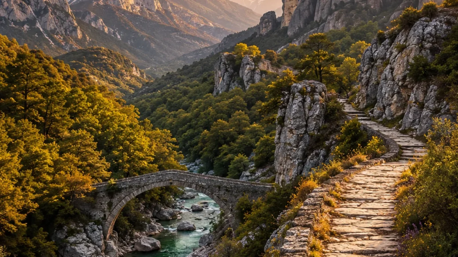 Premium editorial travel-poster cover showing a mainland Greece mountain hiking landscape with stone path, gorge river, arched bridge and Meteora-inspired cliffs.