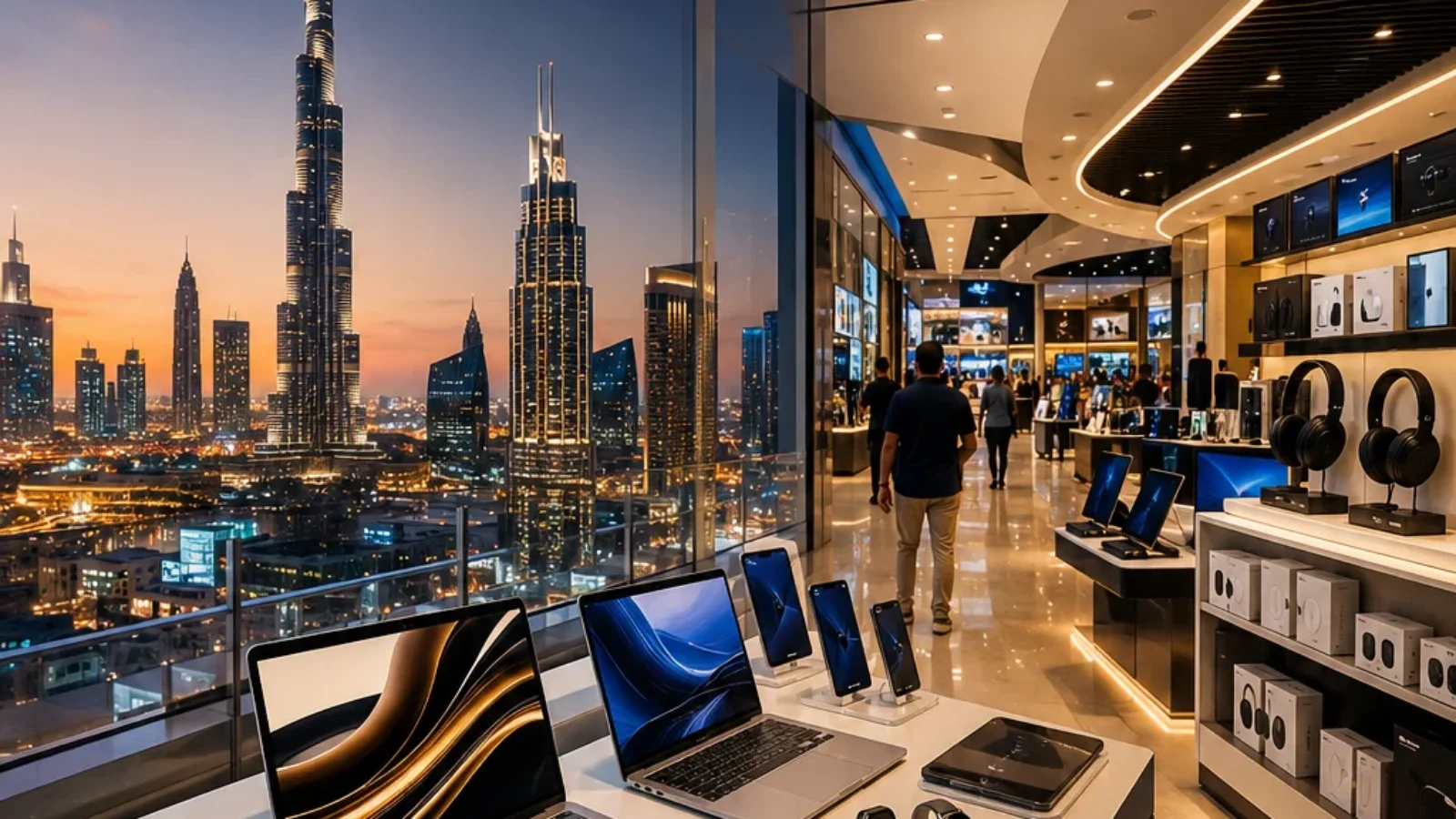 Generated editorial TopRatedPlaces.ai cover for Best Electronics Stores in Dubai showing a premium Dubai electronics shopping atmosphere