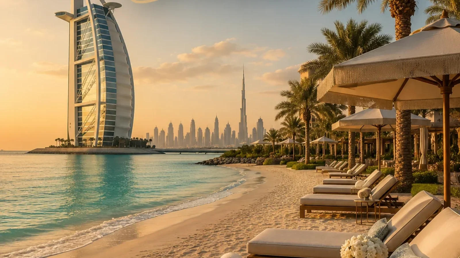 TopRatedPlaces.ai editorial cover for Luxury Beach Hotels in Dubai showing an elegant private beachfront resort atmosphere with Dubai skyline cues.