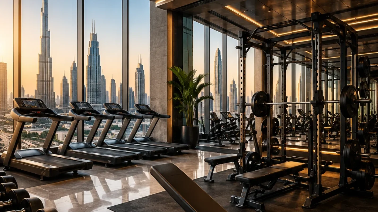 Premium editorial poster cover showing a modern Dubai gym interior with skyline views for Top Monthly Gyms Dubai.