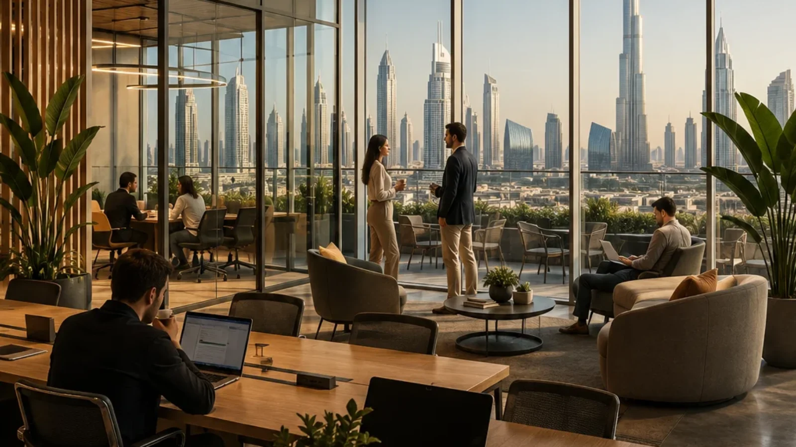 Premium editorial cover showing a modern Dubai coworking space with skyline views for the TopRatedPlaces.ai guide to the best coworking spaces in Dubai.