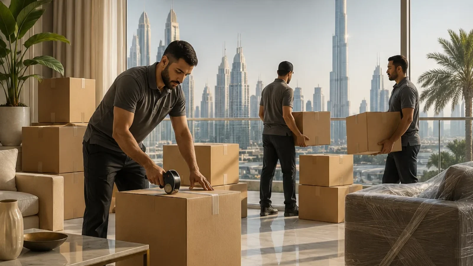 Premium editorial poster cover showing organized apartment moving in Dubai for reliable moving companies