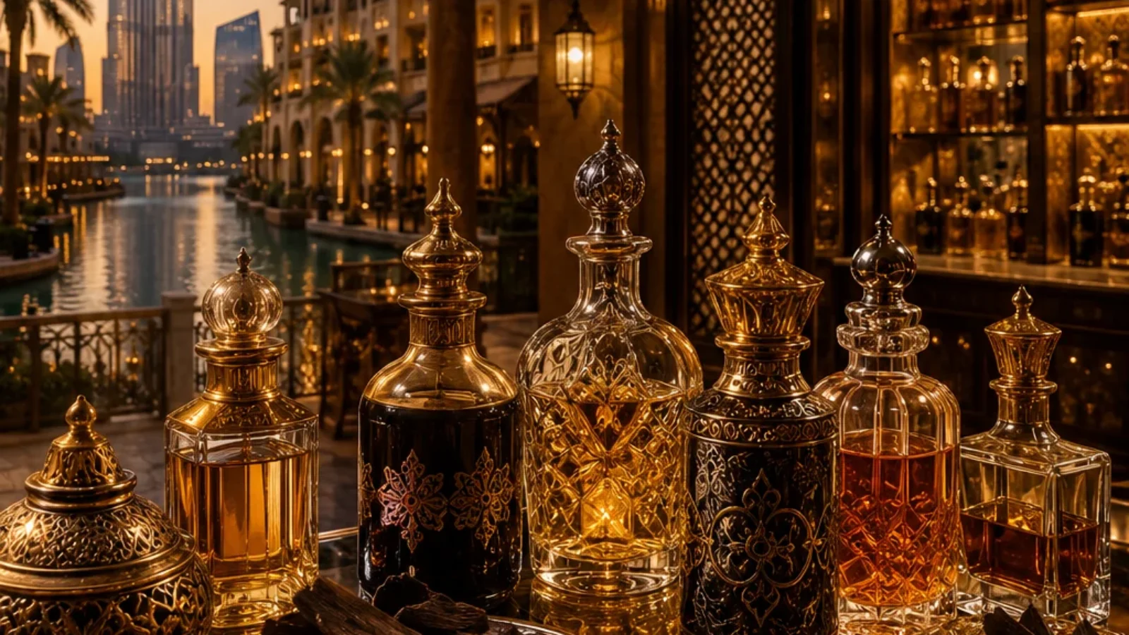 Premium editorial TopRatedPlaces.ai cover showing Arabic perfume bottles, oud displays, and warm Dubai retail cues for a guide to Arabic perfume shops in Dubai.