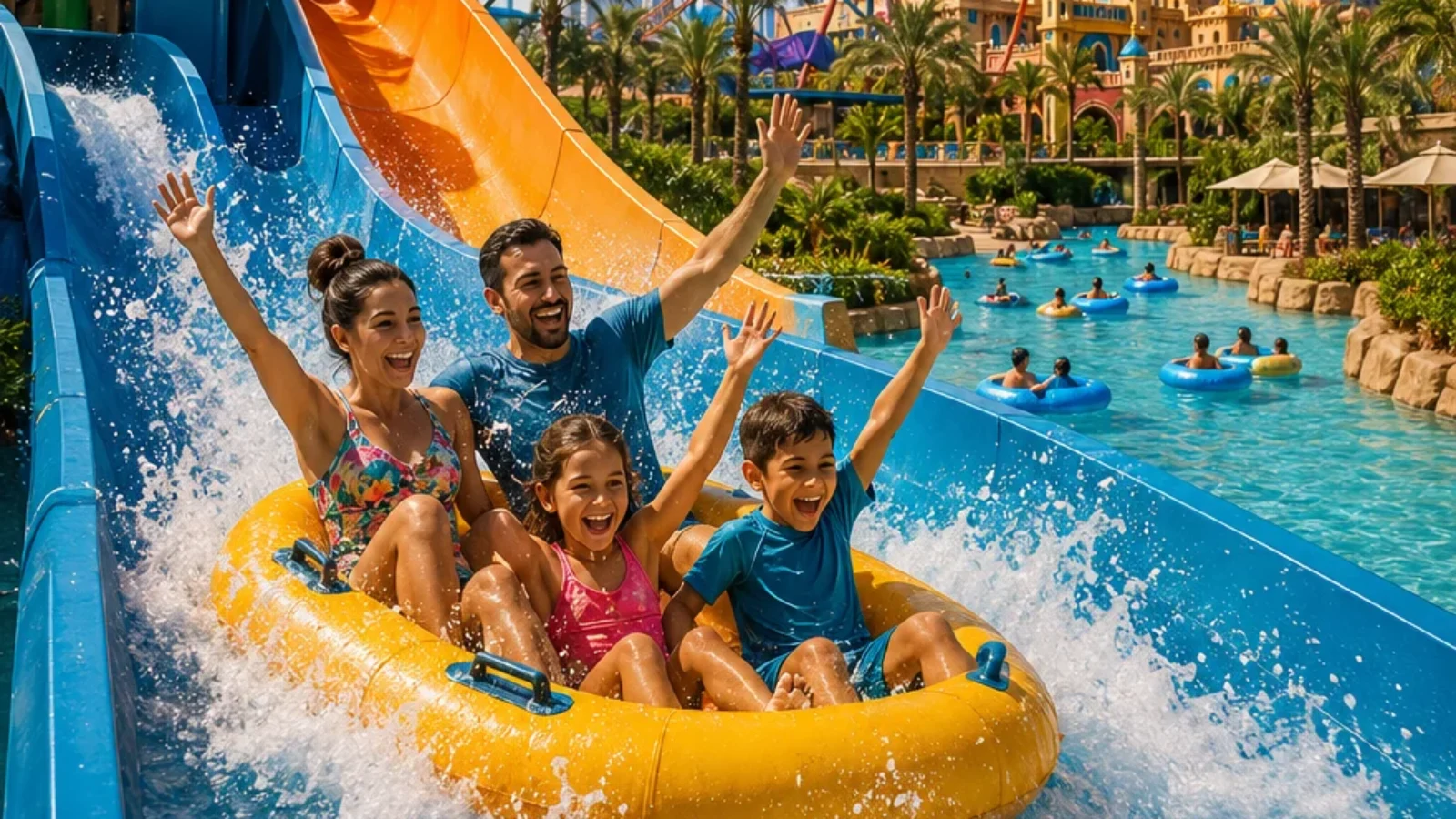 TopRatedPlaces.ai editorial poster cover for best family parks in Dubai with water slides, palm trees, and Dubai skyline cues