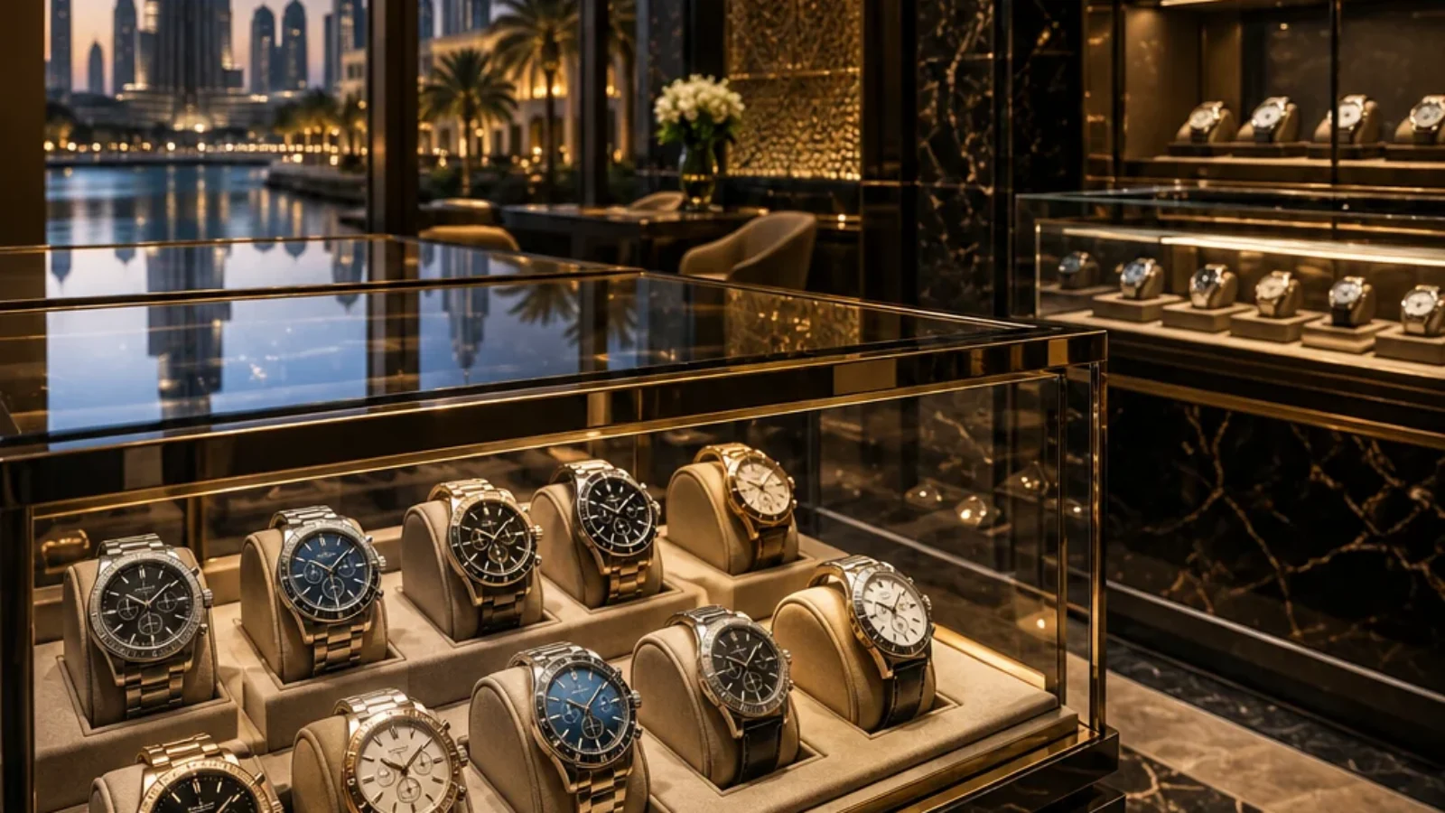 Premium editorial poster for the best places to buy luxury watches in Dubai, showing an elegant Dubai watch boutique atmosphere with display cases and skyline cues