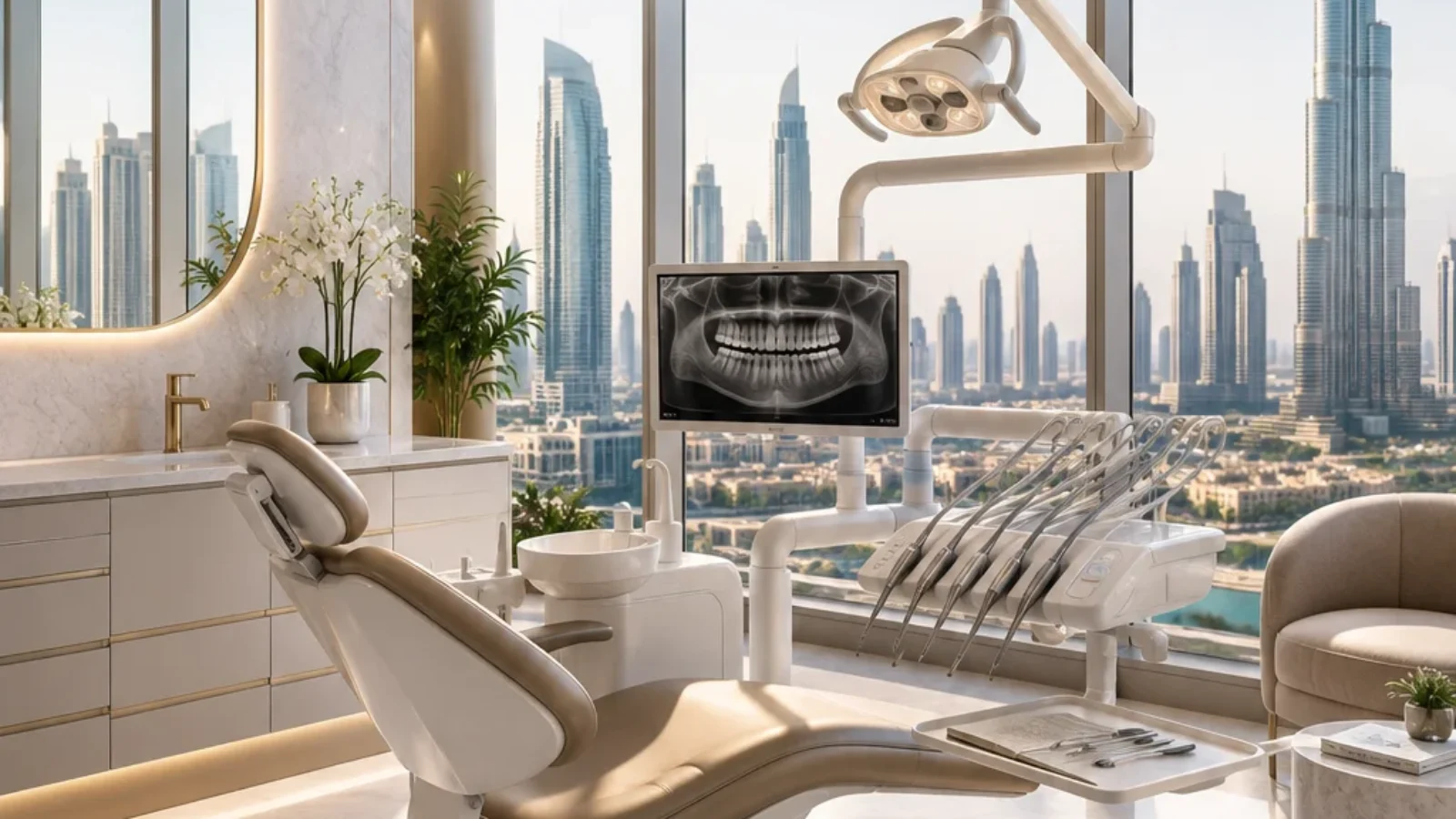 Premium editorial TopRatedPlaces.ai cover showing a modern Dubai dental clinic interior for top dental clinics in Dubai.
