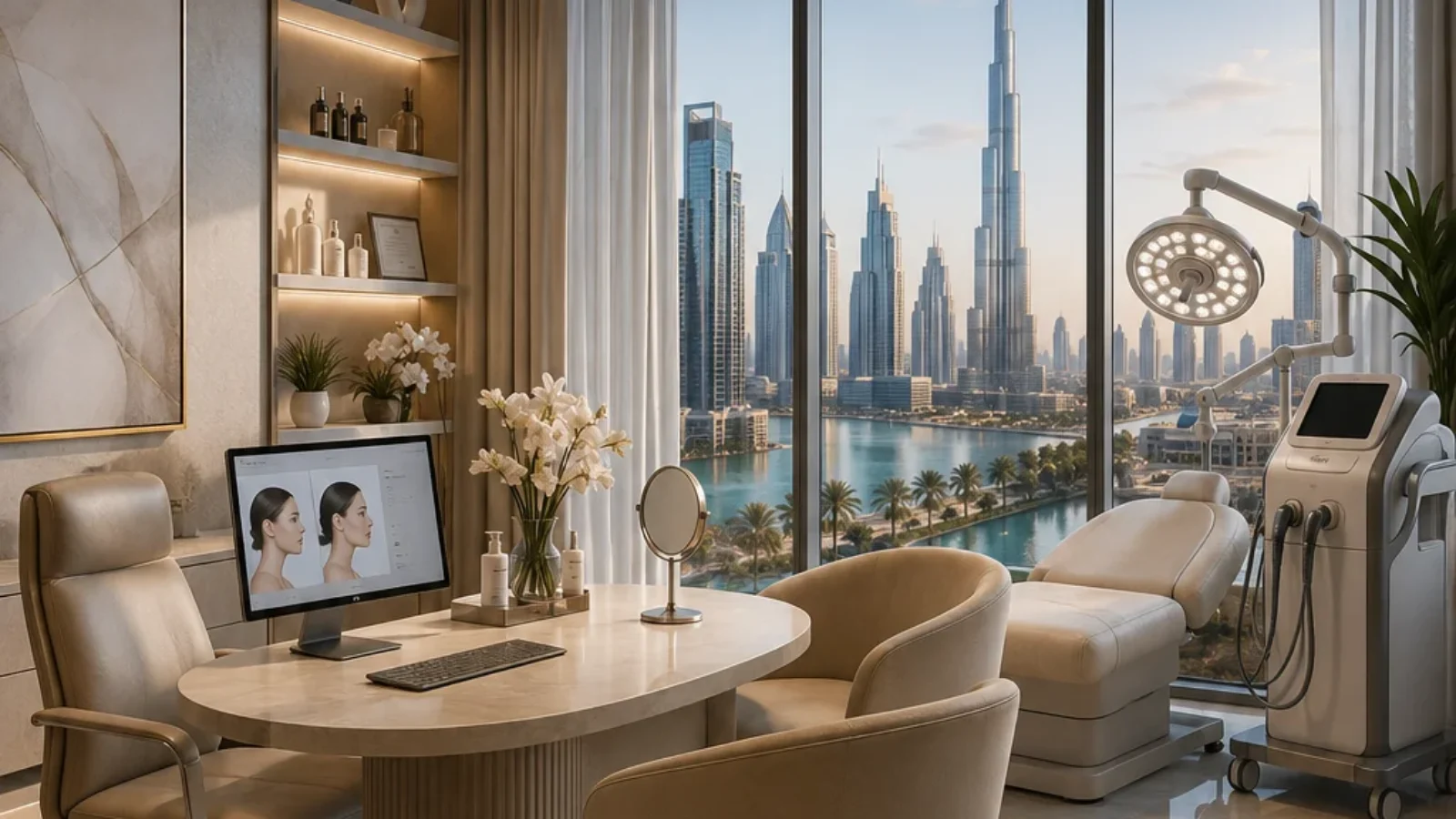 TopRatedPlaces.ai editorial cover for Top Cosmetic Clinics in Dubai showing a refined aesthetic healthcare clinic interior with Dubai skyline cues