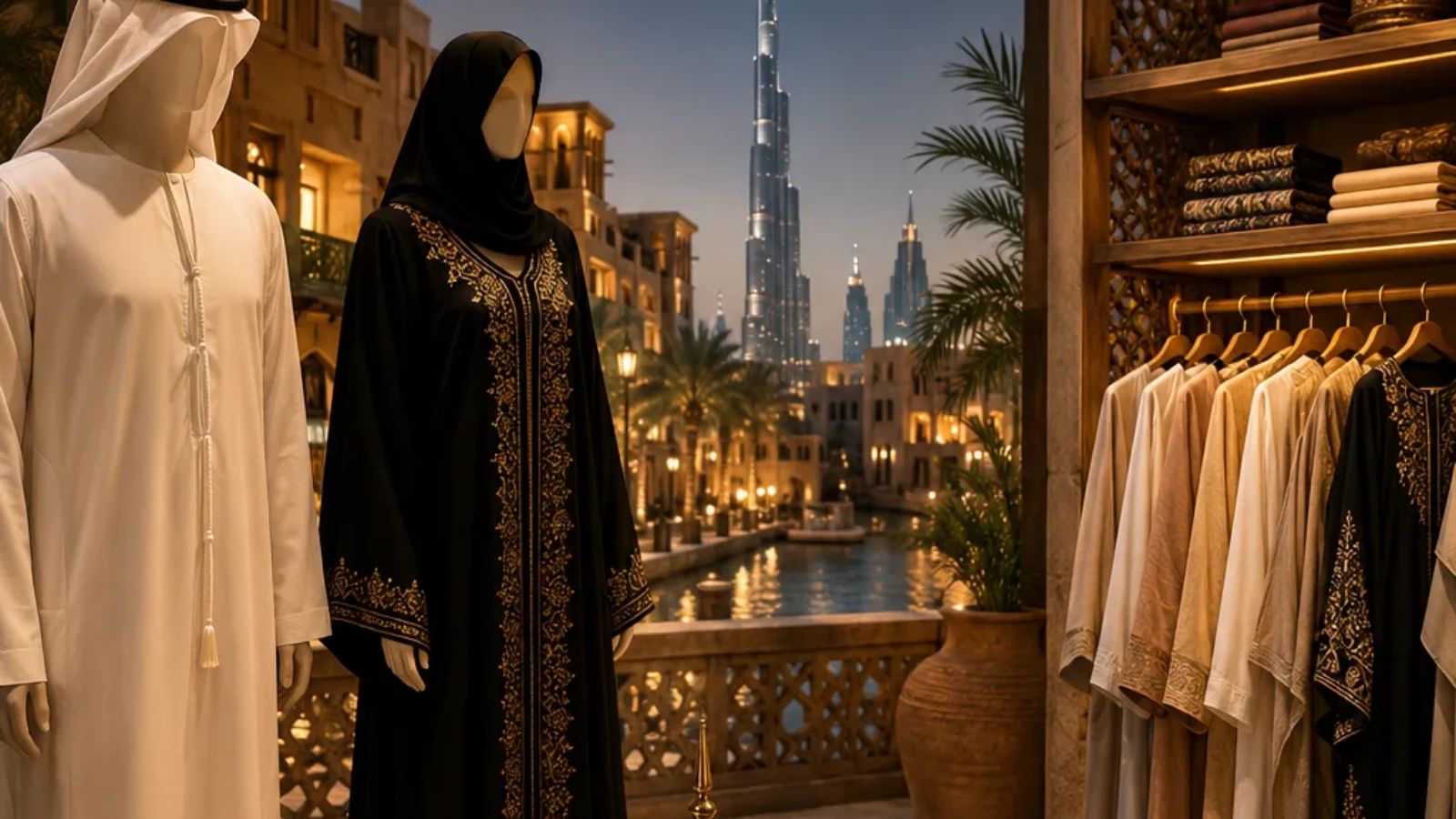 Premium editorial TopRatedPlaces.ai cover showing traditional Emirati clothing, kandura and abaya-inspired silhouettes, textile displays and Dubai cues