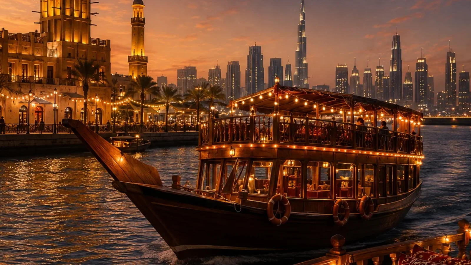 Editorial travel-poster cover showing a traditional dhow dinner cruise on Dubai Creek at evening with warm dining lights and old Dubai skyline cues.