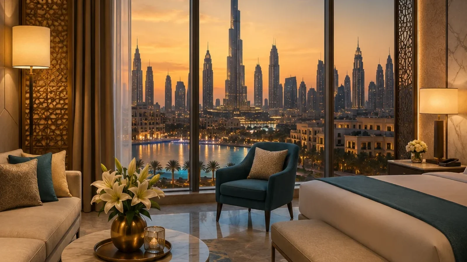 Premium editorial TopRatedPlaces.ai cover for affordable luxury hotels in Dubai showing an elegant hotel room with skyline views