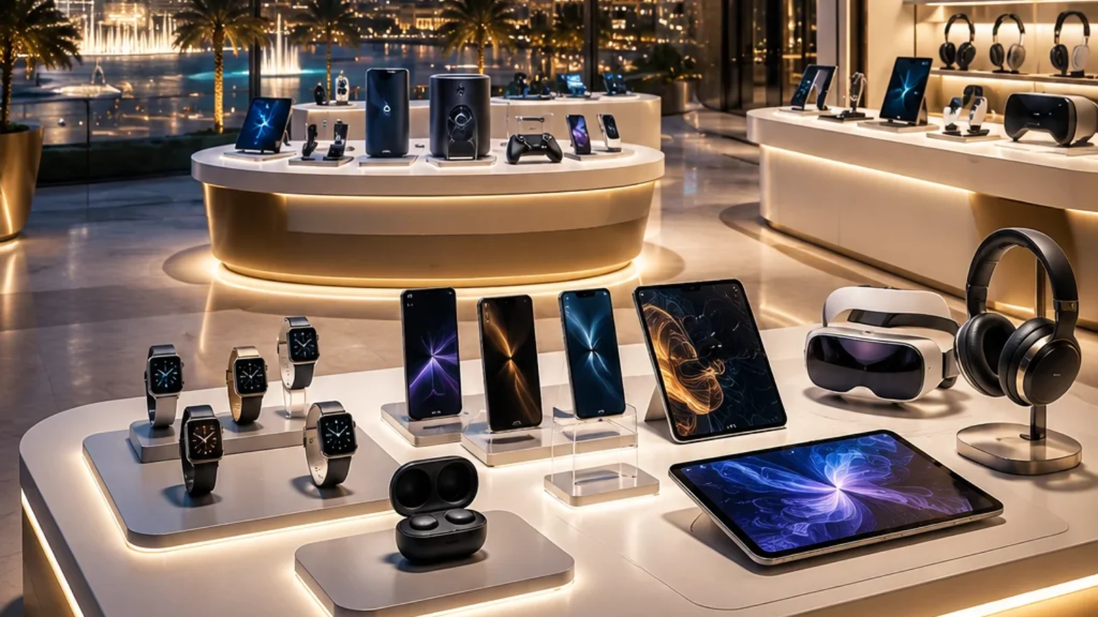 Premium editorial TopRatedPlaces.ai cover for Best Tech Gadgets in Dubai with futuristic gadget displays and Dubai skyline mood