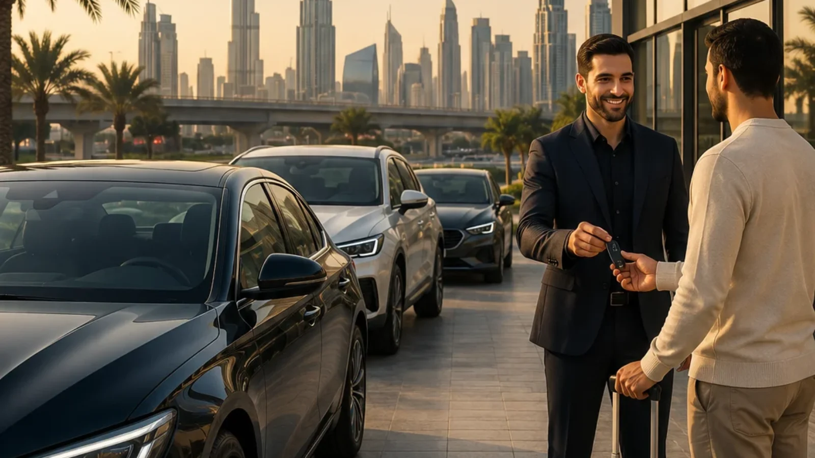 Premium editorial poster of a Dubai car rental handover with modern unbranded cars and skyline cues for TopRatedPlaces.ai short-term car rentals guide