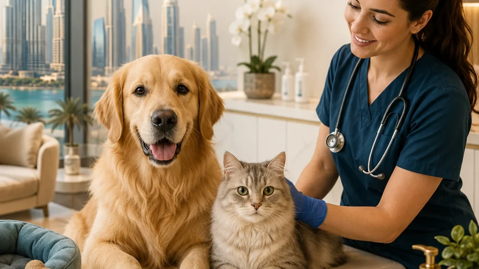 Editorial poster cover for TopRatedPlaces.ai guide to top pet care and vets in Dubai showing a calm modern pet clinic setting with pets and Dubai skyline cues.