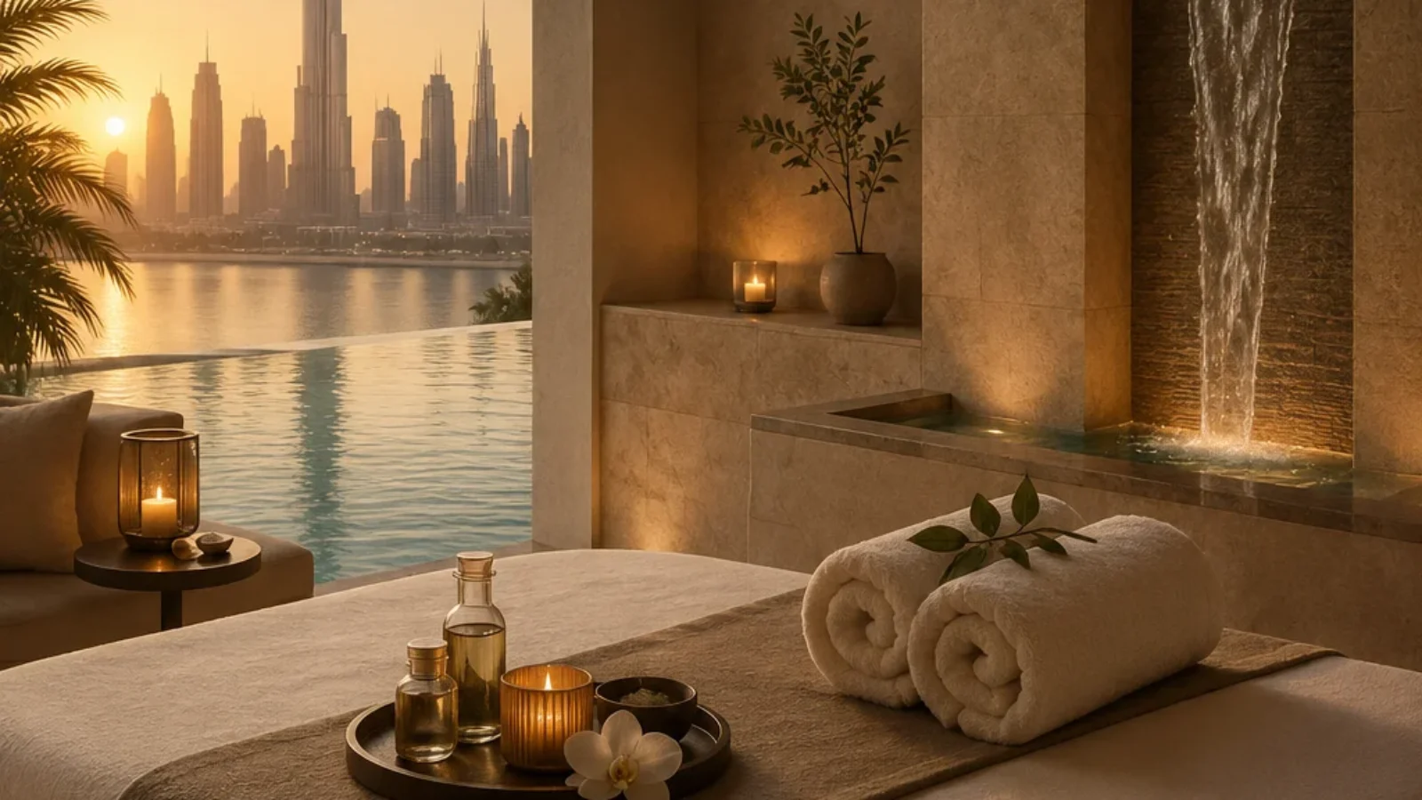 Premium editorial wellness poster cover for TopRatedPlaces.ai showing a serene Dubai spa setting with treatment bed, towels, warm stone textures, water feature, and Dubai skyline mood; text reads TopRatedPlaces.ai, Best Spa Packages, Dubai.