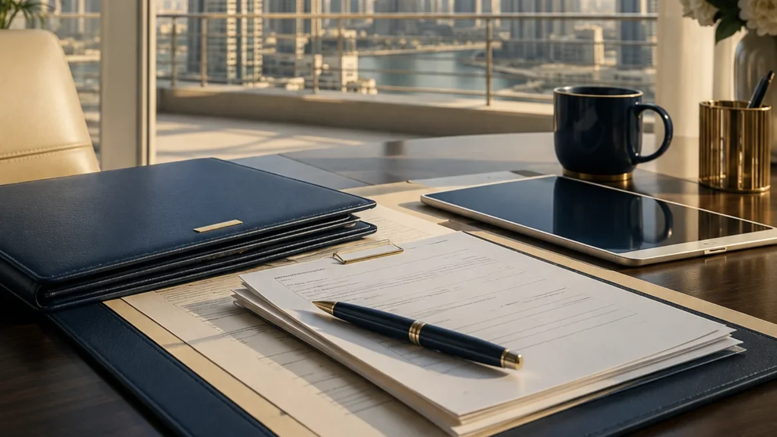 Premium editorial poster cover for health insurance providers in Dubai with a professional planning desk and Dubai skyline.