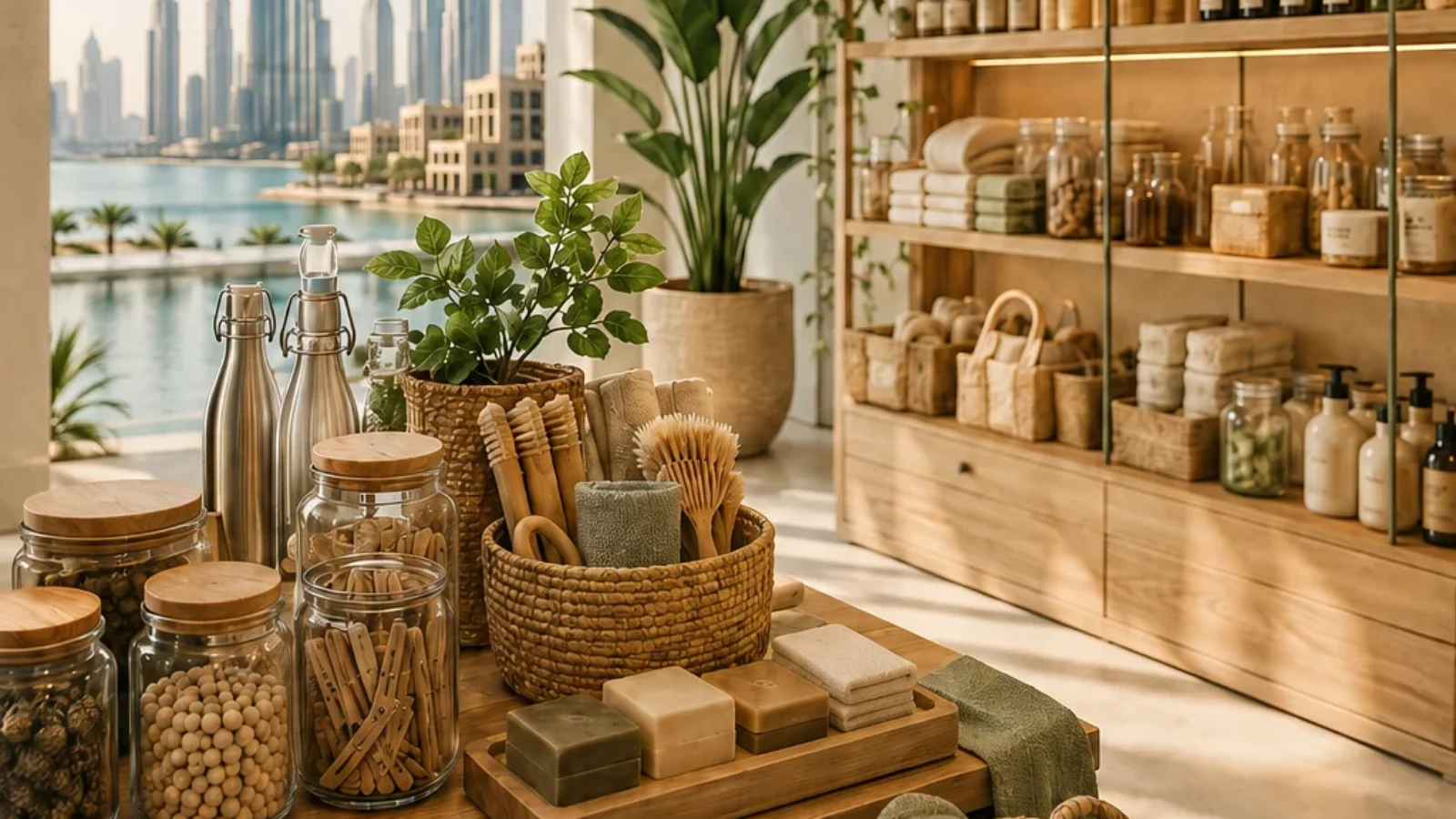 TopRatedPlaces.ai editorial cover for eco-friendly products in Dubai showing sustainable shopping displays, reusable items, greenery and a Dubai skyline cue.