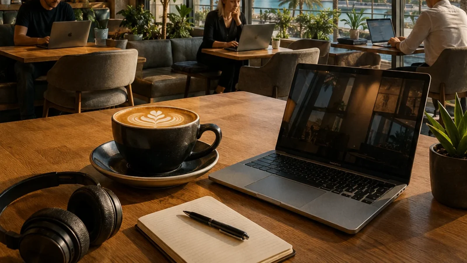 TopRatedPlaces.ai editorial poster cover showing a refined Dubai cafe workspace with laptops, specialty coffee, comfortable seating, natural light, and subtle skyline cues.