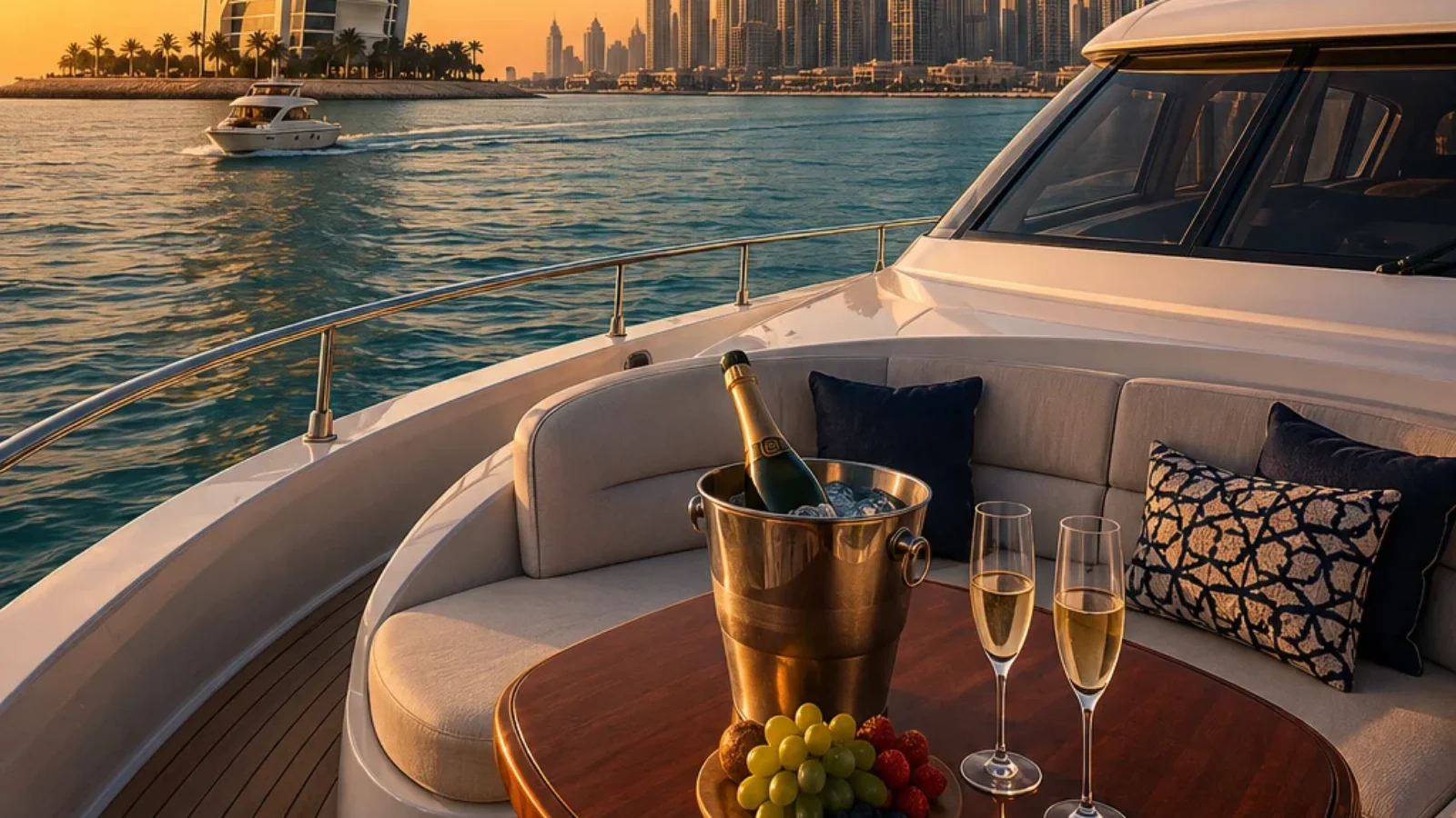 TopRatedPlaces.ai editorial poster cover for private boat charters in Dubai, showing a refined yacht setting on calm Gulf water with Dubai skyline views.