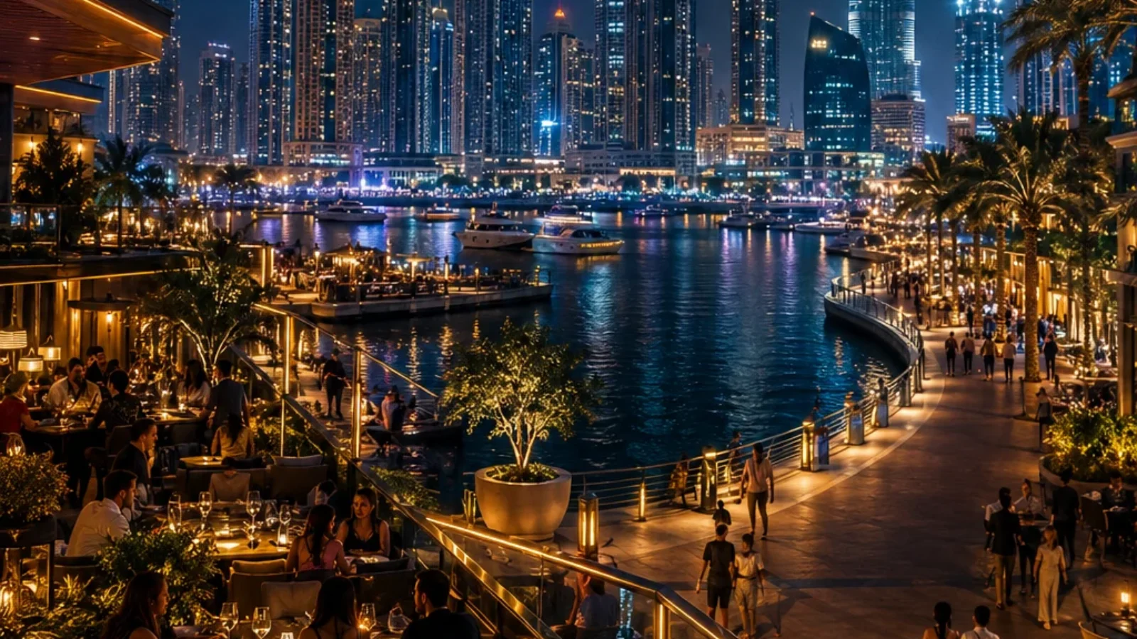 Editorial poster-style Dubai night skyline and waterfront dining scene for TopRatedPlaces.ai evening entertainment guide