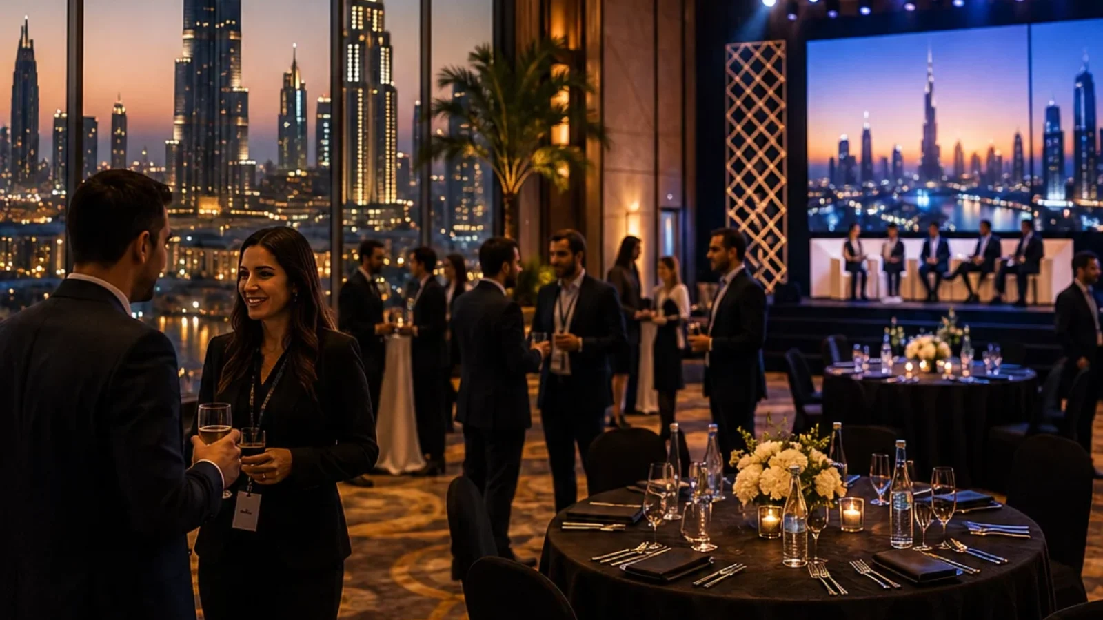 Editorial TopRatedPlaces.ai cover for corporate event management companies in Dubai showing a premium business event setting with Dubai skyline cues