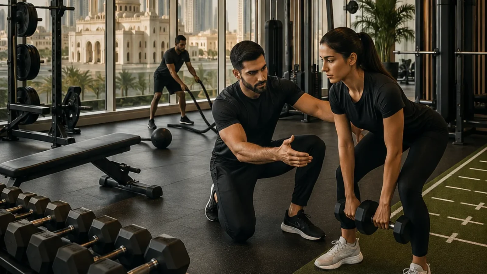 Premium editorial TopRatedPlaces.ai cover for gyms with personal trainers in Sharjah, showing a modern fitness club atmosphere with Sharjah-inspired urban cues.
