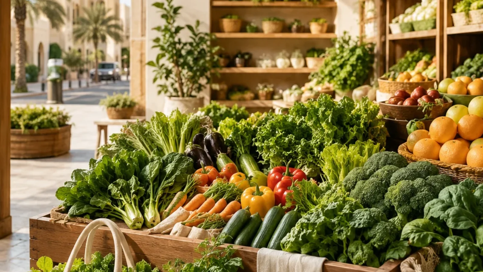Premium editorial poster cover for organic produce shopping in Ajman with fresh vegetables, fruit, reusable bags and UAE neighborhood market atmosphere.