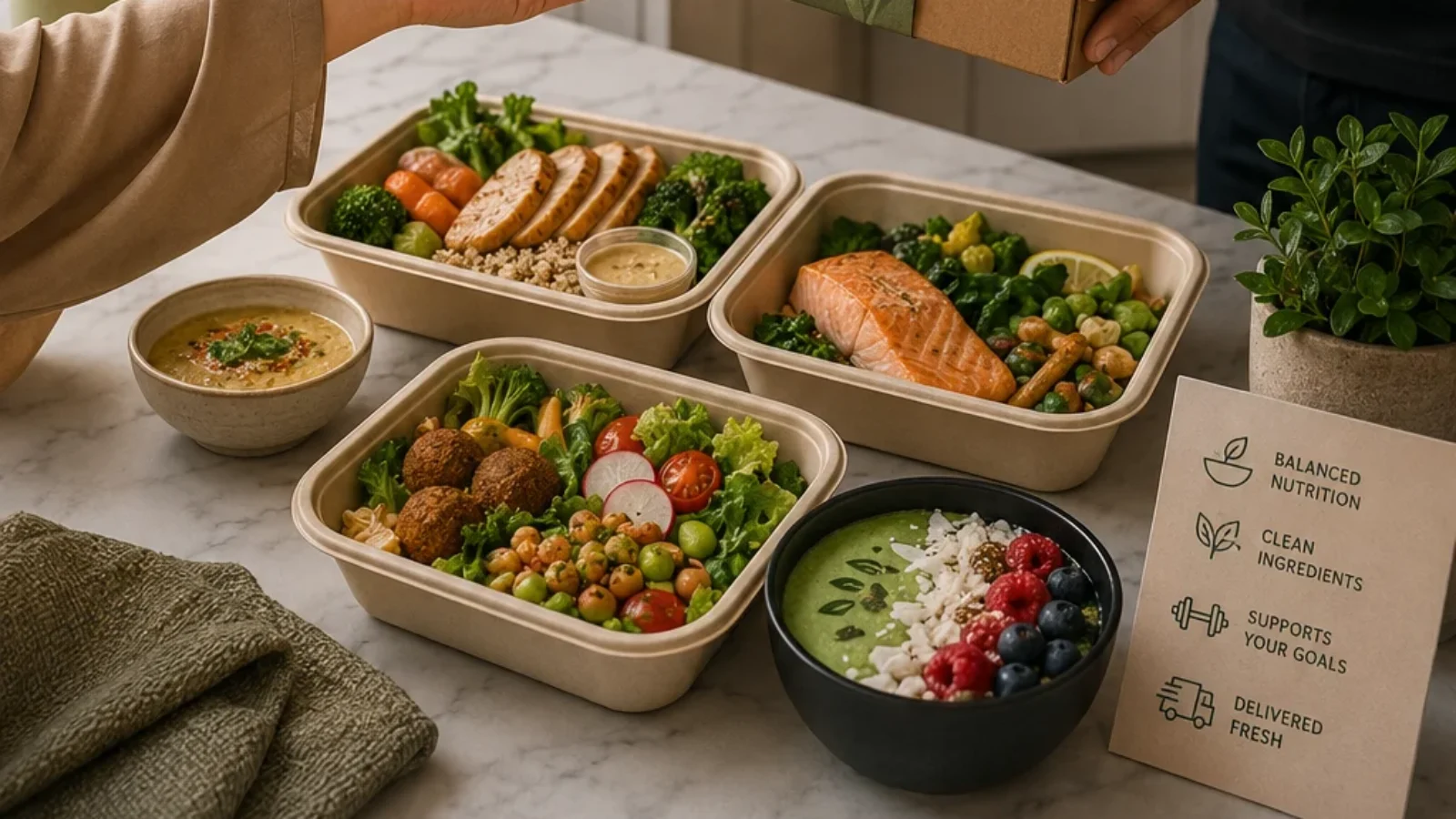 Premium editorial TopRatedPlaces.ai poster cover for healthy meal delivery services in the UAE